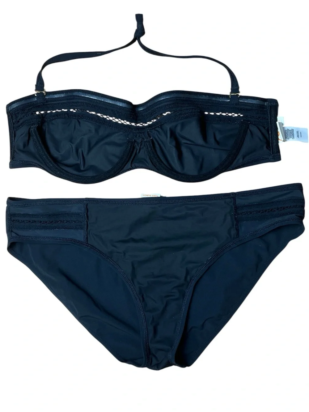 Tory Burch Black Lattice Underwire Bandeau Top and Lattice Bottom Matching Set